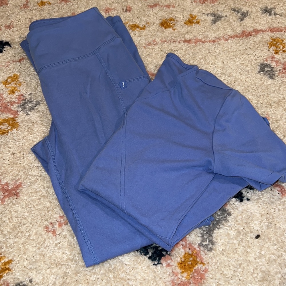Jaanuu Ceil blue mock wrap scrub top and yoga pant bottom scrub set